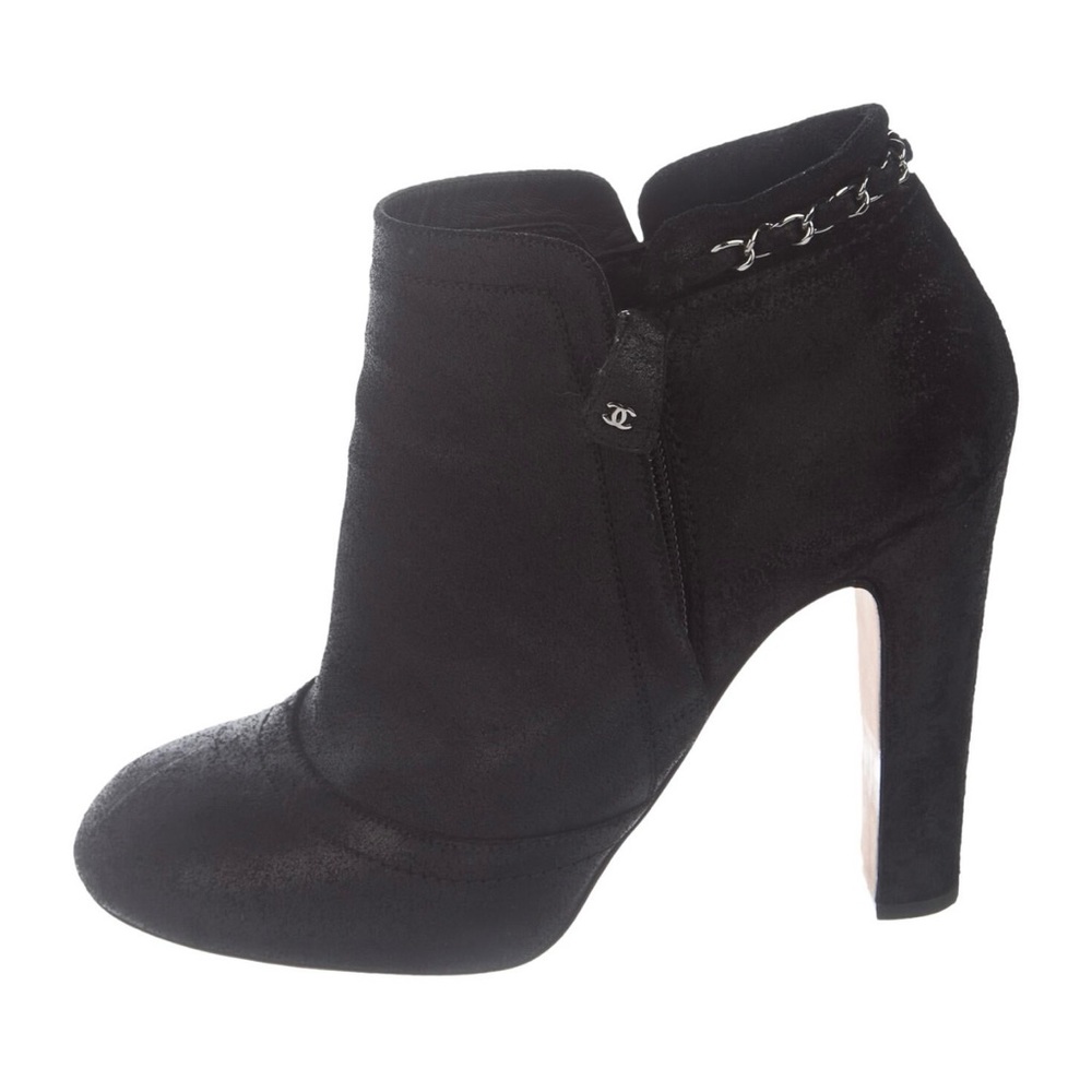 CHANEL Black Distressed Suede Chain Detail Ankle Boots Shoes 39
